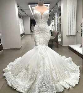 High End Unique Lace Mermaid Bröllopsklänningar Appliques Arabiska Dubai Beaded Bridal Gowns Custom Made Robe de Marie 2022 Vestido de Noiva