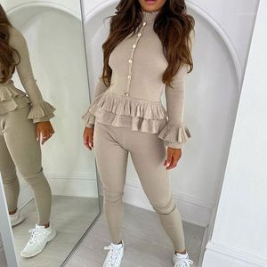 Wholesale loungewear for sale - Group buy Women Vital Ribbed Frill Peplum Gold Button Loungewear Suit Tracksuit Set Fitness Leggings Long Sleeve Shirts Sport Suit Active1