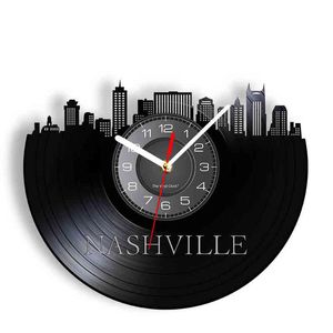 Nashville Skyline geschnitzt Vinyl Schallplatte Schatten Kunst Wanduhr Büro Dekor Tennessee Stadtbild Schallplatte Handwerk Retro-Uhren H1230