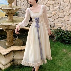 Casual Dresses Fairy Pure Color Dress Women 2022 Autumn French Vintage Elegant Chiffon Party Lace Up One Piece Korean Fashion