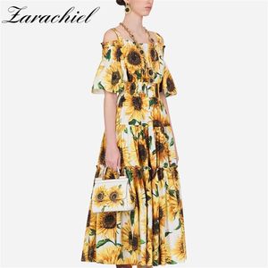 2020 Summer Runway Sunflower Printed Dress Women's Cold Cut Out Off Shoulder Slash Neck Floral Print Sundress Holiday Long Dress LJ200818