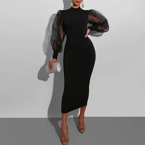 Mesh Puff Long Sleeve Bodycon Midi Dres High Neck Sexy Clubwear Split Pencil Black Slim Women's Party Dress Robe 220311