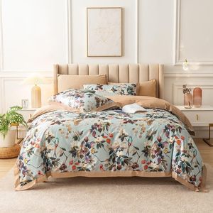 花の鳥の水彩画の葉の花アートプリント布団カバーセット4ピース100％エジプトの綿寝具ベッドシートとセット2ピロワース201114