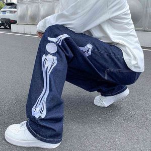 Mężczyźni Dżinsy Szkielet Drukowane Oversized 5XL Proste Niebieskie Spodnie Jean 2021 Mopping Spodnie Męskie Streetwear Hip Hop Spodnie Dżinsowe G0104