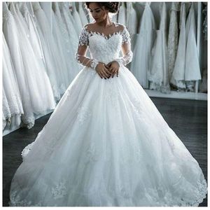 Gorgeous Sparkling Long Sleeves Wedding Dresses Zipper Back Sheer Neckline Applique with Beads Crystal Bridal Gowns