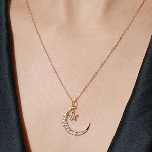 100% 925 Sterling Silver Christmas Gift CZ Paved Cute Lovely Moon Star Charm Delicate Silver Necklace290L