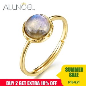 Allnoel 925 Srebrny pierścień dla kobiet 100% naturalny labradorytowy kamień 1.3ct Real Gold zaręczyny Regulowany pierścień palca Y200620