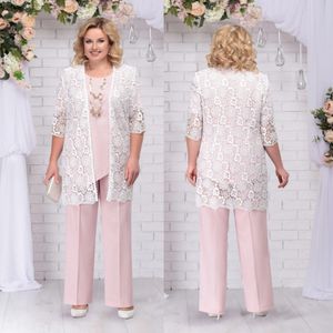 Elegant Three Pieces Mothers Pants Suit With Lace Jackets Jewel Neck Short Sleeves Pantsuits For Groom Mother Outfit