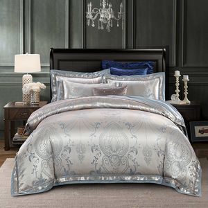 4/6 pcs Luxo Golden Silver Setim Catim Catim Jacquard King Size Size Size Set Duvet Cover Cama / Parte Flat Bedlinen Fronha T200706