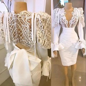 2022 Arabic Sexy Cocktail Dresses Sheath With Bow Satin Knee Length Long Sleeves Ruffles Plus Size Celebrity Prom Party Homecoming Gowns