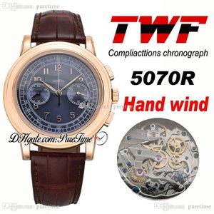 TWF Platinum Compliactions Chronograph 5070J Handlindning Automatisk Mens Watch 18K Rose Gold Blue Dial Brown Leather PTPP Puretime P5H8