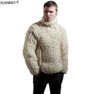 Zima Super Chunky Męski Turtleneck Sweter Luźny Przypadkowy Handmade Gruby Sweter Wełny Płaszcz Gruby Ciepła Męska Zimowa Odzież 201105