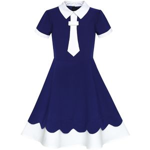 여자 드레스 다시 학교 유니폼 해군 파란색 화이트 칼라 넥타이 짧은 소매 2020 여름 공주 웨딩 파티 드레스 옷 LJ200923