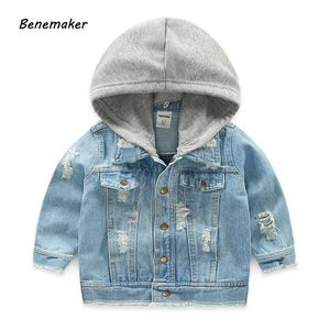 Benemaker denim jaquetas para meninos outono trench roupas infantis 3-8y com capuz outerwear windbreaker bebê crianças jeans casacos jh021 lj201007