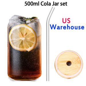 Local warehouse Sublimation 12oz clear frosted Glass tumbler can Creative Sequins Can shape Bottle Summer Drinkware Coffee with wood lid and plastic straw