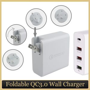 4 portar QC 3.0 + PD 18W High Power Type-C USB Snabbladdare EU US UK AU Foldbar Plug Fast Laddningsadapter Travel Wall Charger till iPhone