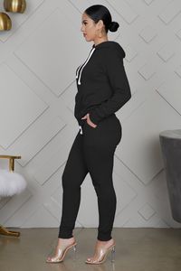 Nya höstvinterkläder Kvinnor joggerdräkt Solid Color Outfits Lång ärm Tracksuits Hood Hoodies+Pants Two Piece Set Black Sweatsuits 4307