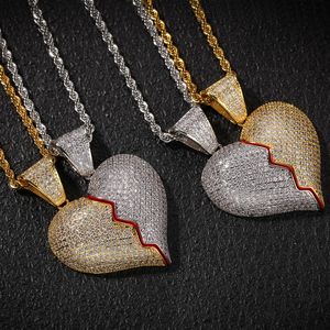 Högkvalitativ Micro Pave Broken Heart Pendant Halsband Hip Hop Style Lovers Present Smycken