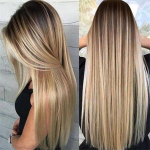 Mänskligt hår Capless Wigs Syntetiska 26 tum Blond Långt rak naturlig peruk Full Women Laceless Front View 1
