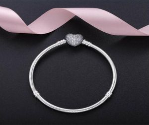정통 925 스털링 실버 하트 모양의 전체 다이아몬드 팔찌 순간 팔찌는 여자 선물을위한 유럽 판도라 스타일의 매력 보석에 적합