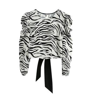 Mulheres Zebra-Stripe Impressão Spruff Sleeve Short Camisa Vintage Femme Voltar Forquilha Bule Bulha Casual Lady Tops Smock Blusas S8012 201201