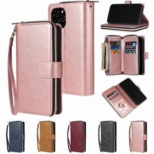 Retro-Leder-Flip-Stand-Reißverschluss-Wallet-Hüllen für iPhone 11 12 13 14 Pro Max XR 8 PLUS Samsung S20 S21 S22 plus S23 Ultra A14 A23 A32 A52 A33 A53 5G Note 20 mit Kartensteckplatzrahmen