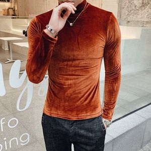 Luxo Alta Chumbo Mantenha Quente Slim Fit Stretch Veludo Turtleneck Homens Manga Longa Outono Streetwear T Shirt Party 201202