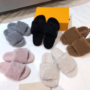 High quality designer slides women sandal print flat mule designer Flip Flops fashion luxury furry slippers winter luxury wool slides