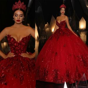 2021 Czerwona cekinowa sukienki księżniczki Quinceanera Suknia balowa Sweetheart Bling Puffy Prom Sukienka Luxury Sweet 16 Sukierek Kościki Aplikacje 207x
