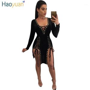Party платья оптом- Haoyuan 2021 весенние повязки платье женщин bodycon club халат сексуальный плюс размер кружев deep-v mini vestidos1