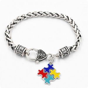 Link Chain Autism Awareness Puzzle Pieces Charm Armband Färgglada emalj Jigsaw Pendants Antika silverpläterade armband för män Women1Link
