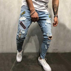 Men's Jeans Male Badge Embroidery Knee Holes Hip Hop Ripped Skinny Biker Men Streetwear Destroyed Patch Stretch Denim Joggers Pants1