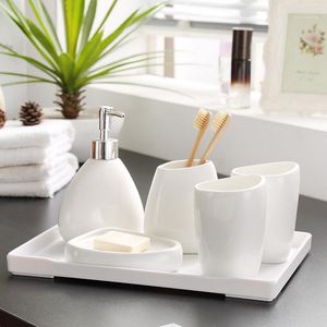 Bath Accessory Set Creative White Porcelain Ceramic Hand Sanitizer Bottle Mouthwash Cup Bathroom Accessories Toothbrush Holder Wedding Gift1