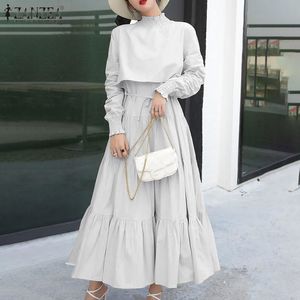 Damska Jesień Wysokiej Kołnierz Suknia Zenzea Elegancka Maxi Robe Femme Przypadkowe Rękawy Puffowe Wzburzyć Vestidos Fashion Sundress Y0118