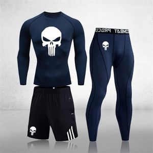 Mens MMA kompressionsuppsättningar Tracksuit Skull Sport Suit Jogging Running Set RashGard Gym Kläder Män Fitness Workout Tight 201116