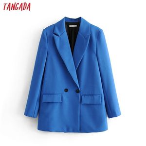 Tangada المرأة الأنيقة الأزرق مزدوجة الصدر البدلة سترة مصمم مكتب السيدات السترة ارتداء الأعمال قمم DA47 201114