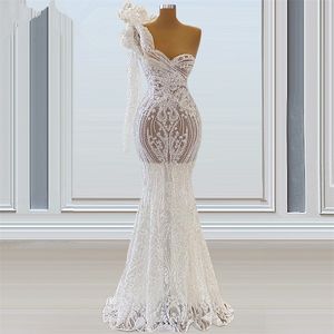 See Through Mermaid Wedding Dresses One Shoulder Lace 3D-Floral Appliques Bridal Gown Custom Made Floor Length Sequins Sequins Robes De Mariée