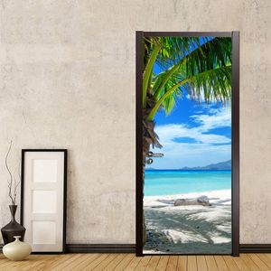 Пользовательские фото обои с фресками 3d голубое небо белые облака пляж кокосовые деревья роспись стены ПВХ самоклеящаяся дверь росписью стикер 201009