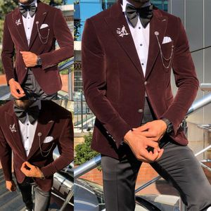 Burgundy Velvet Men Suits 2 Pieces Custom Made Wedding Suits Lapel Royal High Quality Formal Double Breasted Business Coat+Pant