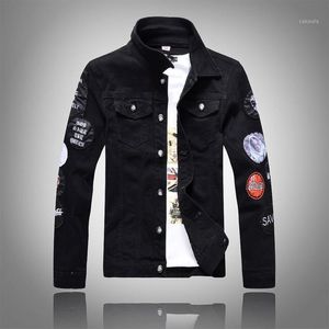 Mäns Jackor Vår och Höst Black Denim Jacket Män Single-breasted Slim Male Patch Jean Streetwear Digital Utskrift Mens Kläder1