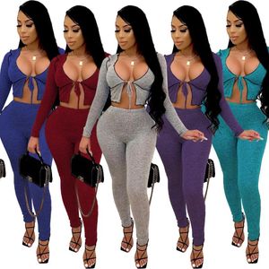 Women's Tracksuits Long Sleeve Trouser Suit Solid Color V-Collar Sports Set Casual High Waist Tight Outfits