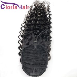 黒人女性の深い波のヘアピースのためのクリップインの調節可能な巾着ペルーの処女の人間の髪のポニーの尾を持つ深い巻き​​毛のポニーテールの拡張