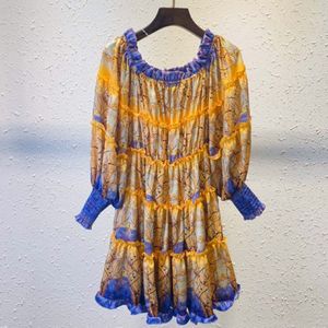 Australian designer autumn one-line neckline, open-shouldered color ruffled long-sleeve dress skirt.