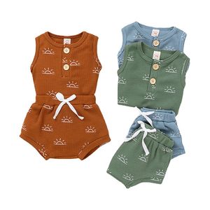 ベビーサンプリントワッフルタンクロンパーストップショーツツーピース服セット幼児幼児服スーツM4022