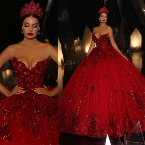 2021 Red Sequined Quinceanera Dresses with 3D Floral Appliques Ball Gown Sweetheart Prom Dress Custom Made Sweet 16 Gowns robes de soirée