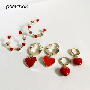 Hoop & Huggie Peri'sBox 3 Designs Red Love Heart Enameled Earrings Small Dainty Acrylic Drops Gold Circle Minimalist1