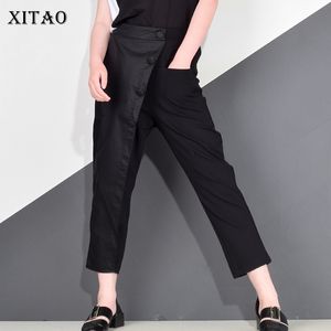 Xitao maré preto longa calça harem mulheres botões de cintura elástica mosca casual modis dianteiras retalhos femininos calças outono ljt3926 201031