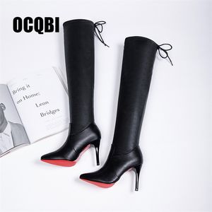 2019 Frauen Schuhe Stiefel High Heels Rote Unterseite Overknee Stiefel Leder Mode Schönheit Damen Lange Bootie Größe 35-39 LJ201214