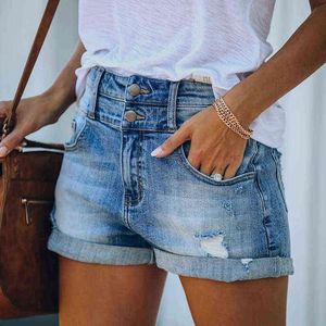 2022 Nya Kvinnor Slim Hole Denim Shorts Fashion Casual Summer Blue Denim Shorts Solid Färg Tvätt Streetwear Shorts Ladies Bottom Y220311