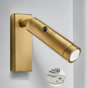 Topoch Golden Wall Lamp Light With Button Switch On-Off Lamps LED 3W SMREL FREAM Riktningshuvud Inbyggd förare USB-laddare Bedside Reading Sconces AC100-240V